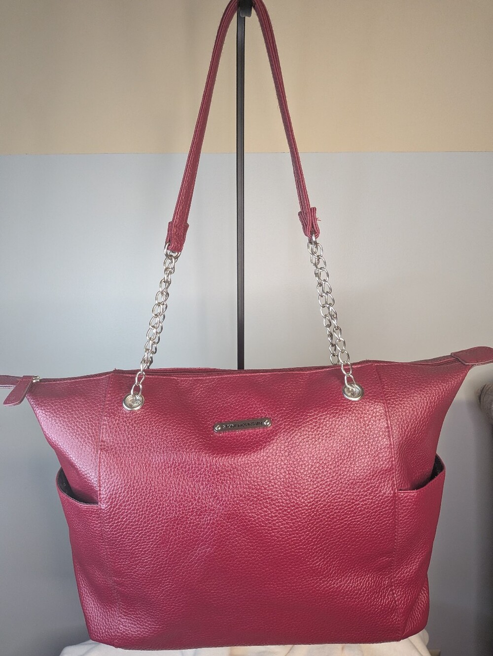 Stone Mountain Raspberry Red Pebbled Leather Tote Chain Strap Shoulder Bag Zip